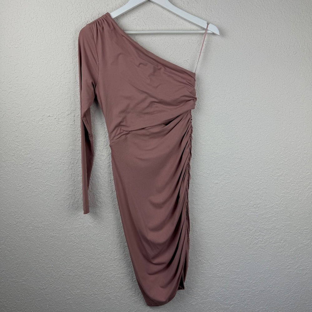 *Susana Monaco Womens Blush Pink One Shoulder Cut Out Midi Ruched Dress Small - Picture 3 of 14